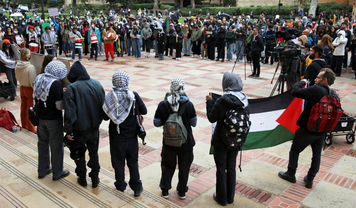 Demonstrators attend a protest at the University of California Los Angeles (UCLA), following the arrest by U.S. immigration agents of Palestinian student protester Mahmoud Khalil, in Los Angeles, California, U.S. March 11, 2025. (REUTERS)