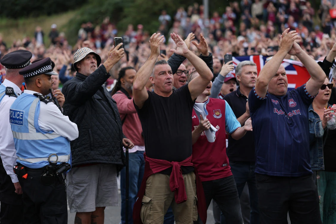 West Ham United fans during a protest outside the stadium before their match against Crystal Palace at London Stadium, London, Sept. 20, 2025. (Reuters)