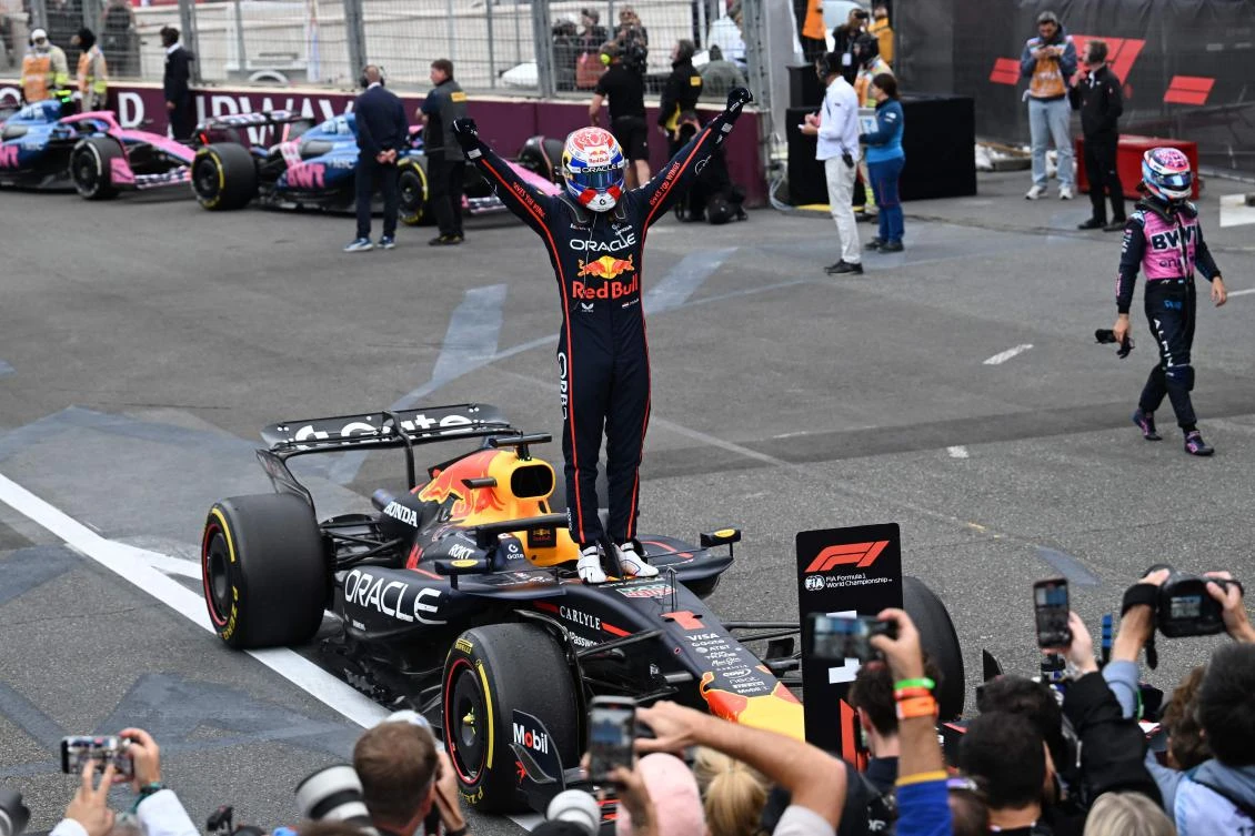 Red Bull Racing’s Dutch driver Max Verstappen celebrates in the parc ferme after winning the Formula One Azerbaijan Grand Prix at the Baku City Circuit in Baku on September 21, 2025. (AFP)