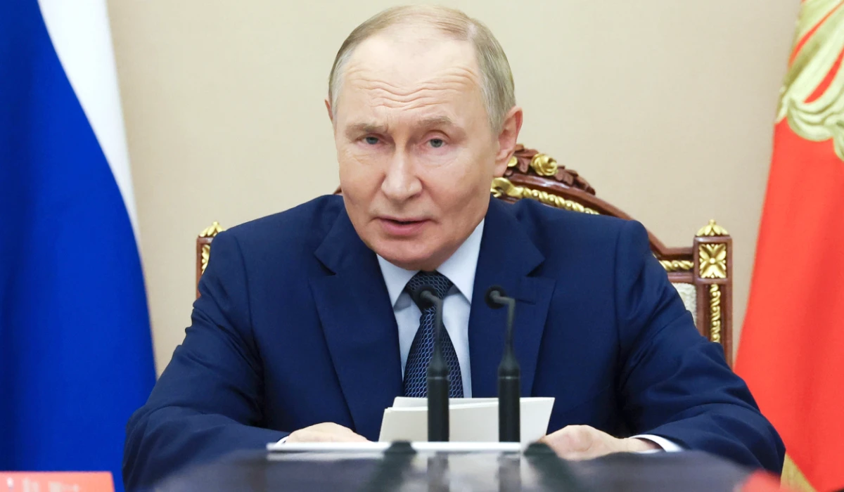 Russian President Vladimir Putin chairs a Security Council meeting at the Kremlin in Moscow, Russia, Monday, Sept. 22, 2025. (AP)