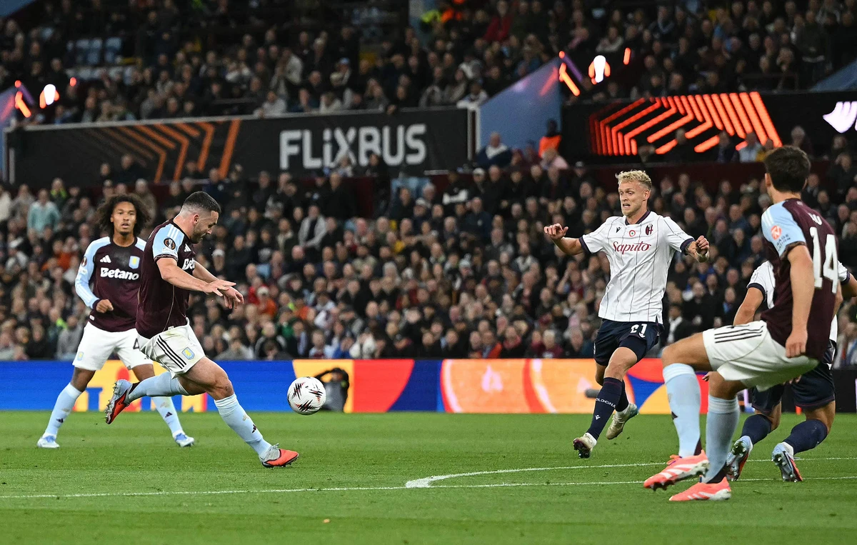 Aston Villa’s Scottish midfielder John McGinn (2L) scores the opening goal during the UEFA Europa League league stage football match between Aston Villa and Bologna at Villa Park in Birmingham, central England on Thursday. (AFP)