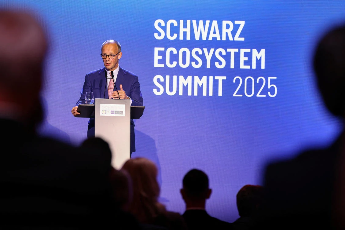 German Chancellor Friedrich Merz speaks at the Schwarz Ecosystem Summit in Berlin, Sept. 26, 2025. (Reuters)