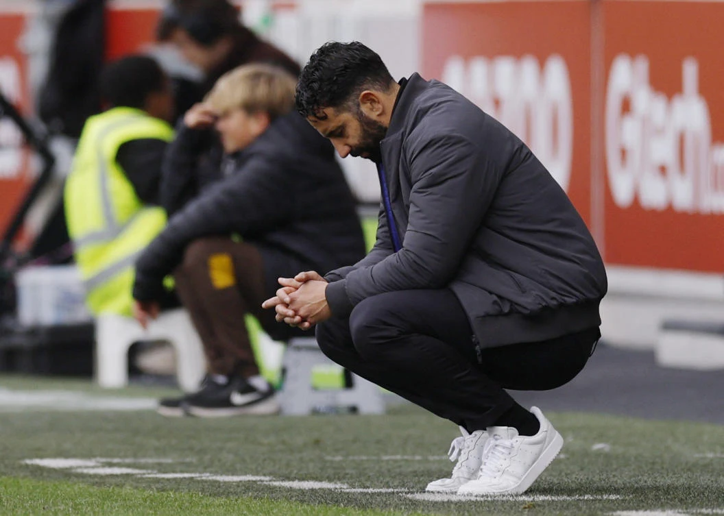 Manchester United manager Ruben Amorim reacts during their English Premier League match against Brentford at GTech Community Stadium, London, Sept. 27, 2025. (Reuters)
