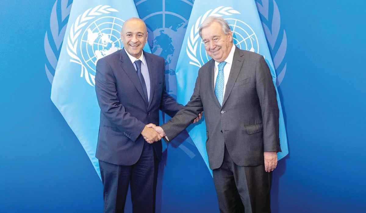 UN Secretary-General Antonio Guterres (R) receives GCC Secretary-General Jasem Albudaiwi in New York. (Supplied)
