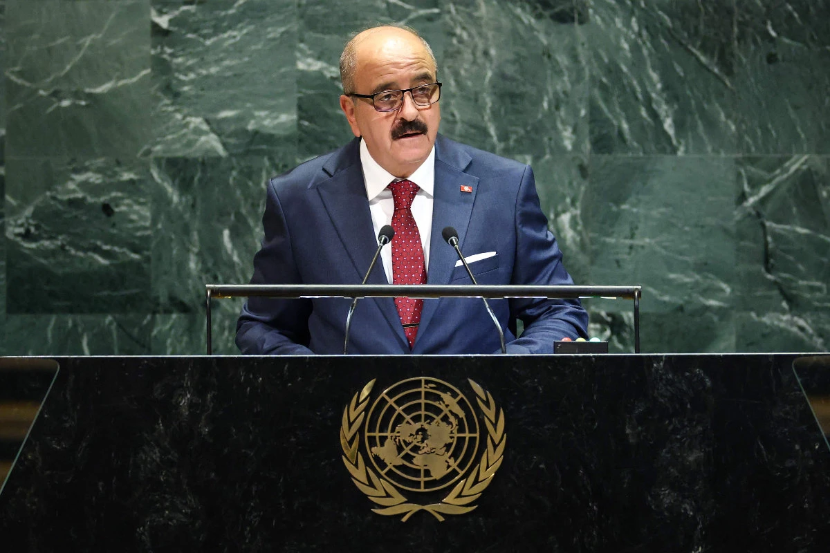 Tunisian Foreign Minister Mohamed Ali Nafti addresses the United Nations General Assembly at UN headquarters in New York City on September 27, 2025. (AFP)