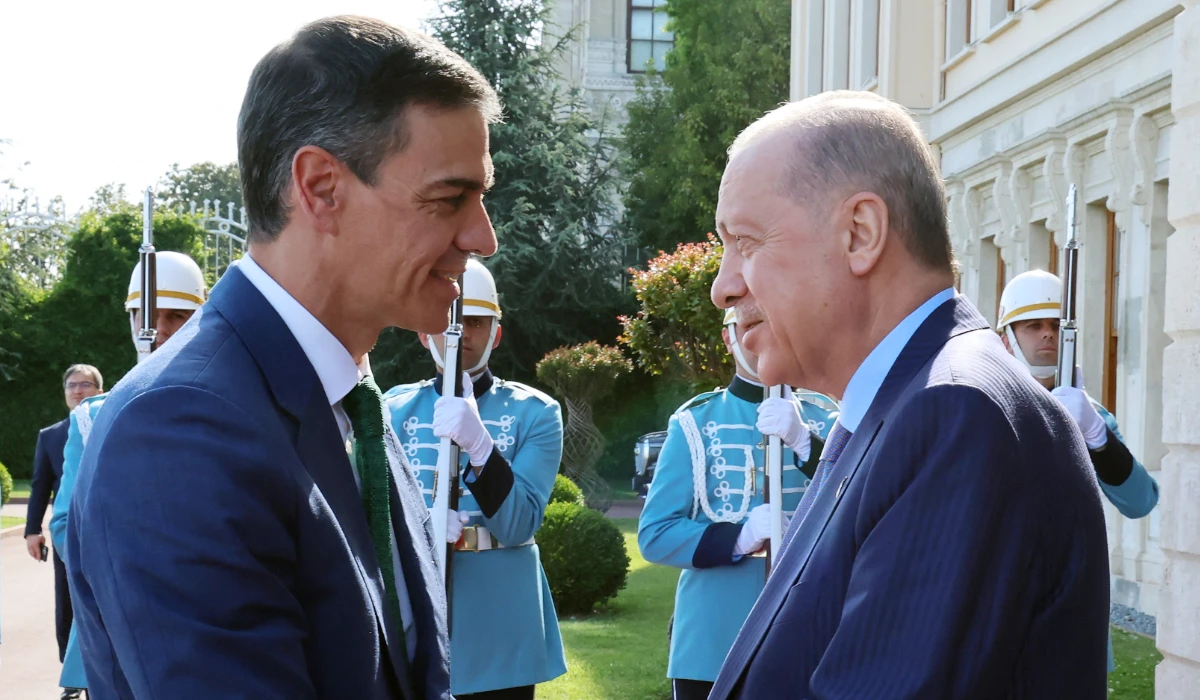 Turkish President Recep Tayyip Erdogan (R) and Spain's Prime Minister Pedro Sanchez (L) shaking hands during their meeting in Istanbul, Turkey. (AFP)