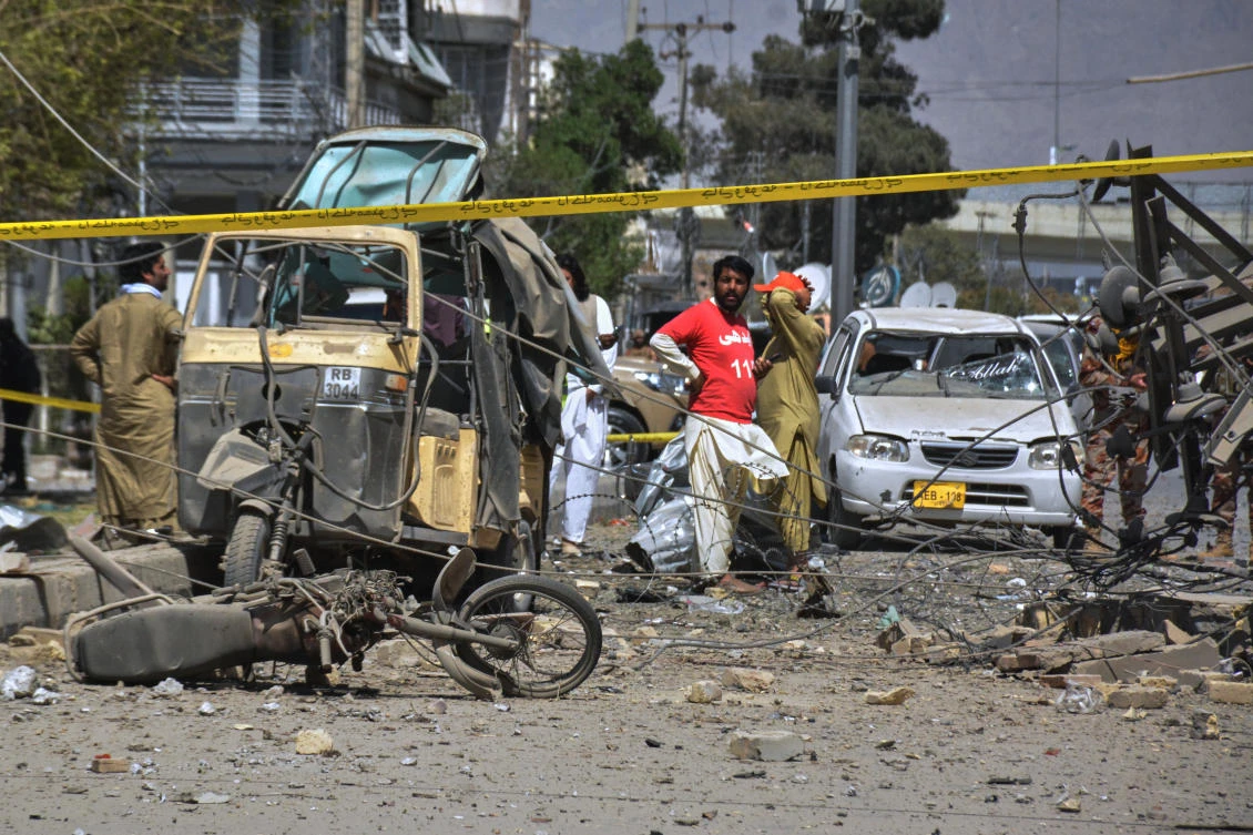 Rescue workers and security officials examine damaged vehicles at the site of a powerful car bombing, in Quetta, Pakistan, Tuesday, Sept. 30, 2025. (AP)