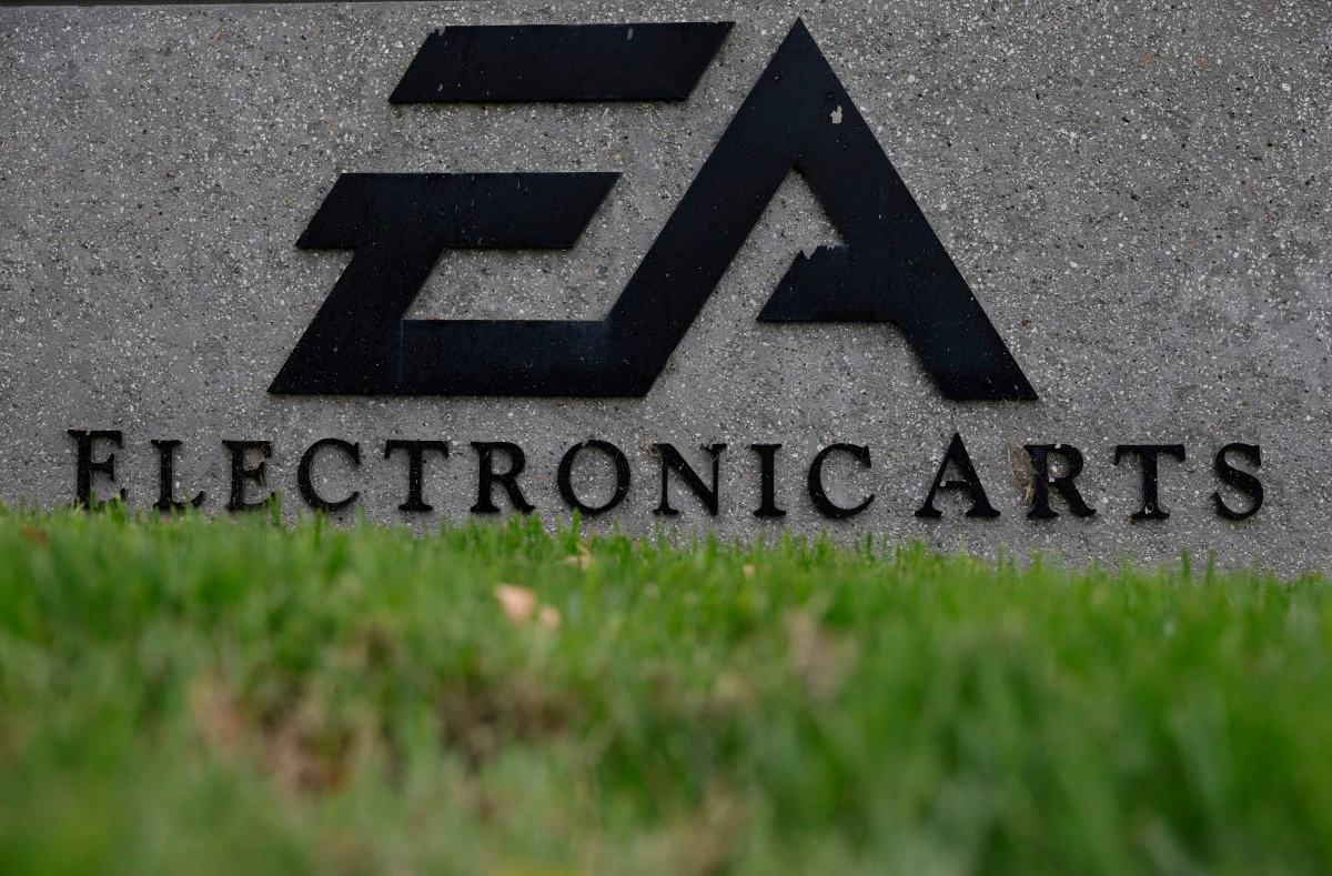 A sign is posted in front of Electric Arts headquarters in Redwood City, California, Sept. 29, 2025. (AFP)
