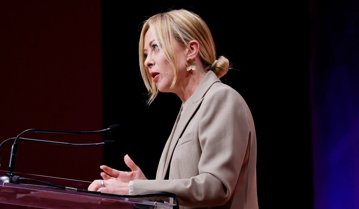 Italian Premier Giorgia Meloni speaks at the Global Summit World Travel and Tourism Council in Rome, Monday, Sept. 29 , 2025. (AP)