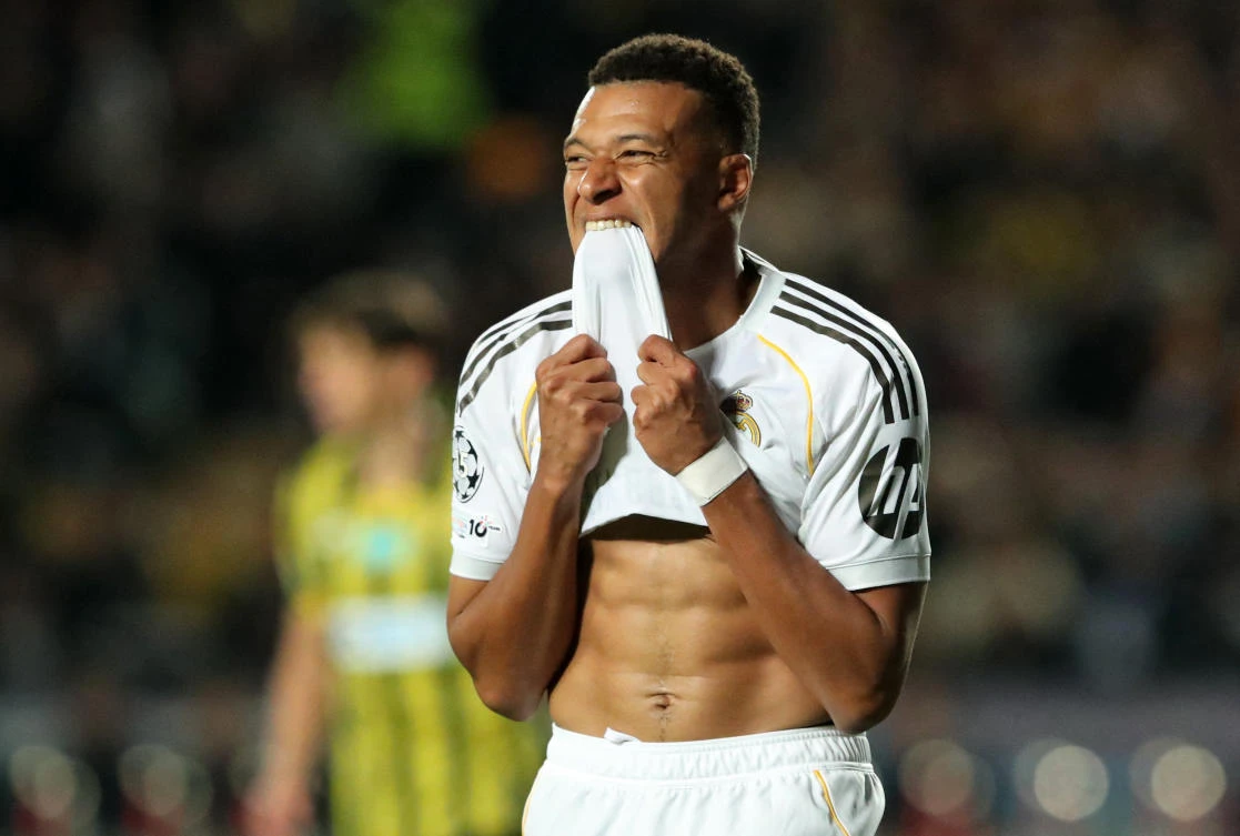 Real Madrid’s Kylian Mbappe reacts after a missed chance during their UEFA Champions League match against Kairat — Central Stadium, Almaty, Kazakhstan — Sept. 30, 2025. (Reuters)