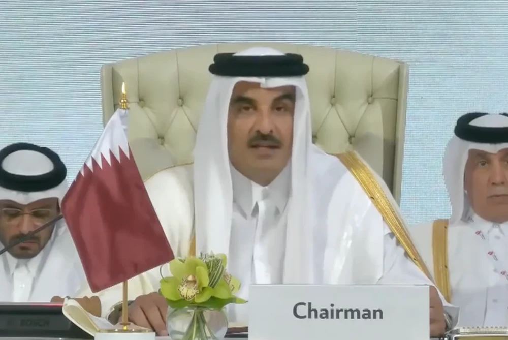 At the summit, Qatari Emir Sheikh Tamim bin Hamad Al-Thani slammed Israel’s “treacherous” aggression. (Screenshot)