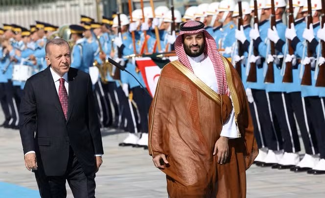President Recep Tayyip Erdogan and Crown Prince Mohammed bin Salman in Ankara, Turkiye, June 22, 2022. (AFP)