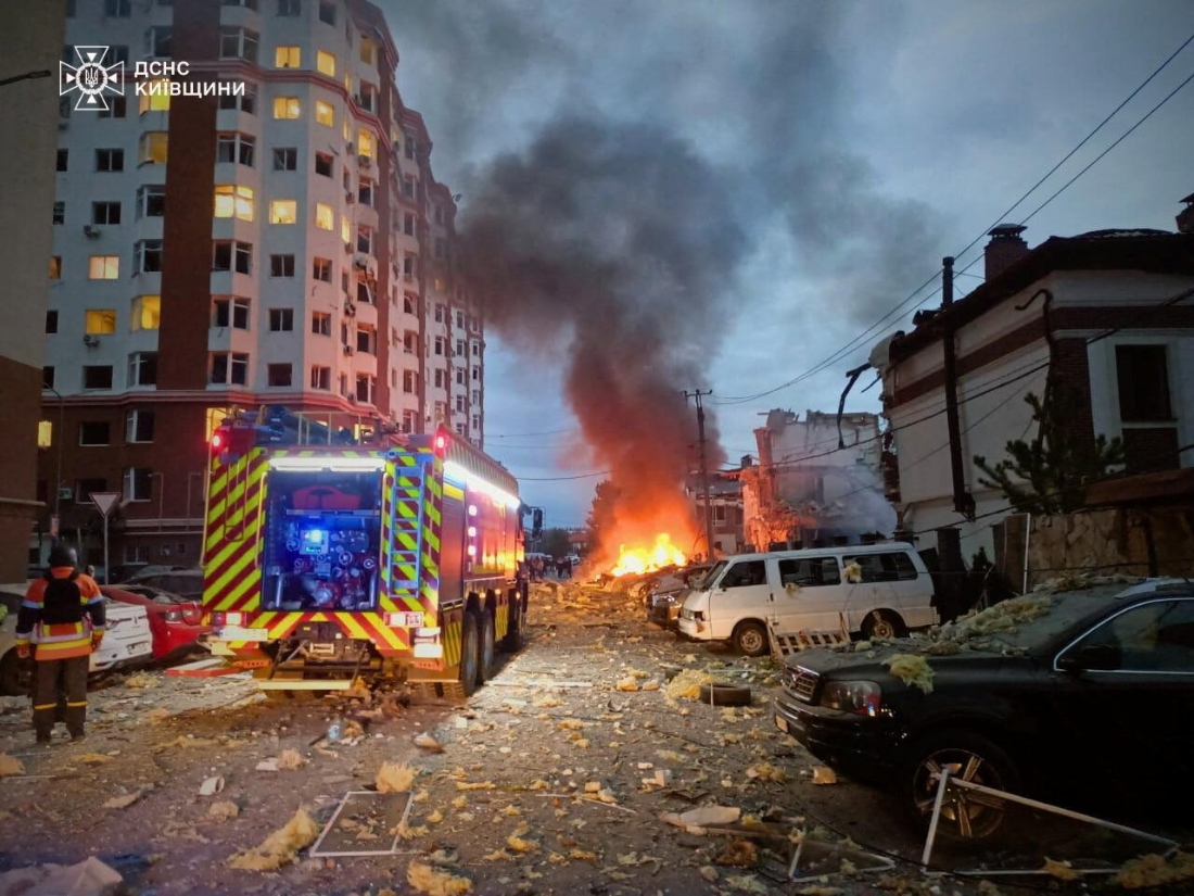 Firefighters work at a residential neighbourhood hit by the Russian drone and missile strike in the outskirts of Kyiv, Ukraine. (Reuters)