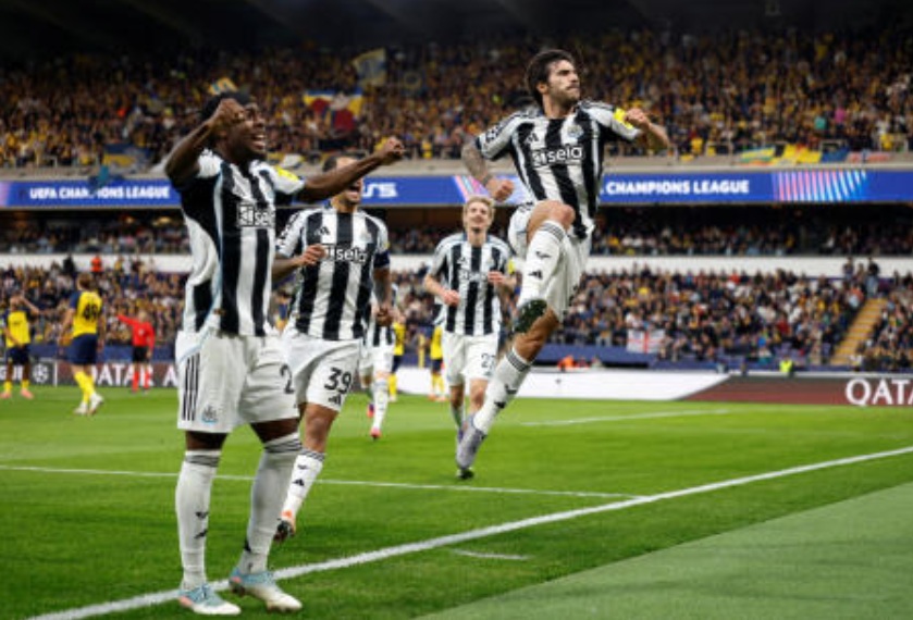 Newcastle United’s Sandro Tonali celebrates scoring their first goal during their UEFA Champions League match against Union Saint-Gilloise— Lotto Park, Anderlecht, Oct. 1, 2025. (Reuters)