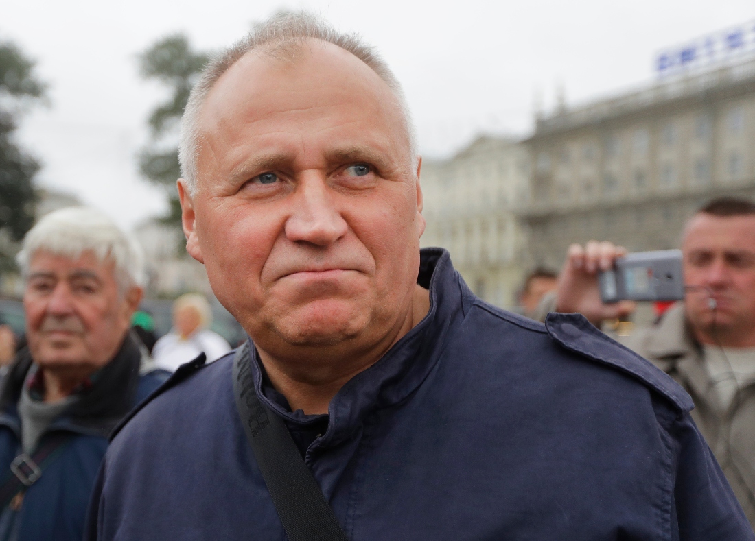 Veteran Belarusian opposition activist Mikalai Statkevich is seen at a protest in Minsk, Belarus. (AP)