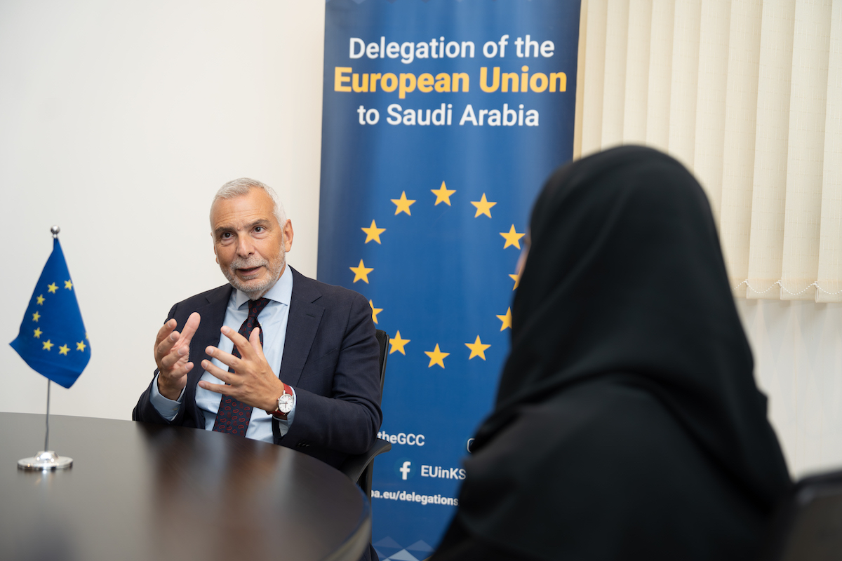 The newly appointed EU director-general for MENA Gulf Stefano Sannino speaks with Arab News’ Lama Alhamawi. (AN photo by Huda Bashatah)
