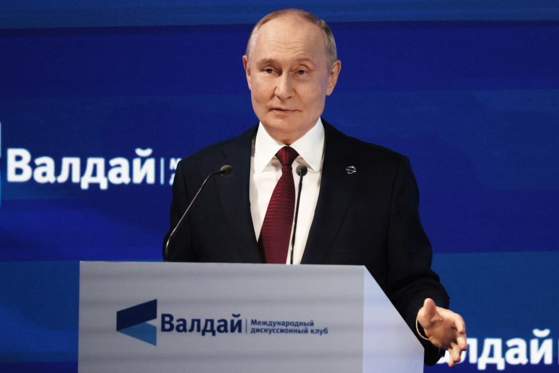 Russian President Vladimir Putin addresses a meeting with foreign policy experts at the Valdai Discussion Club in the Black Sea resort of Sochi, Russia. (AP)
