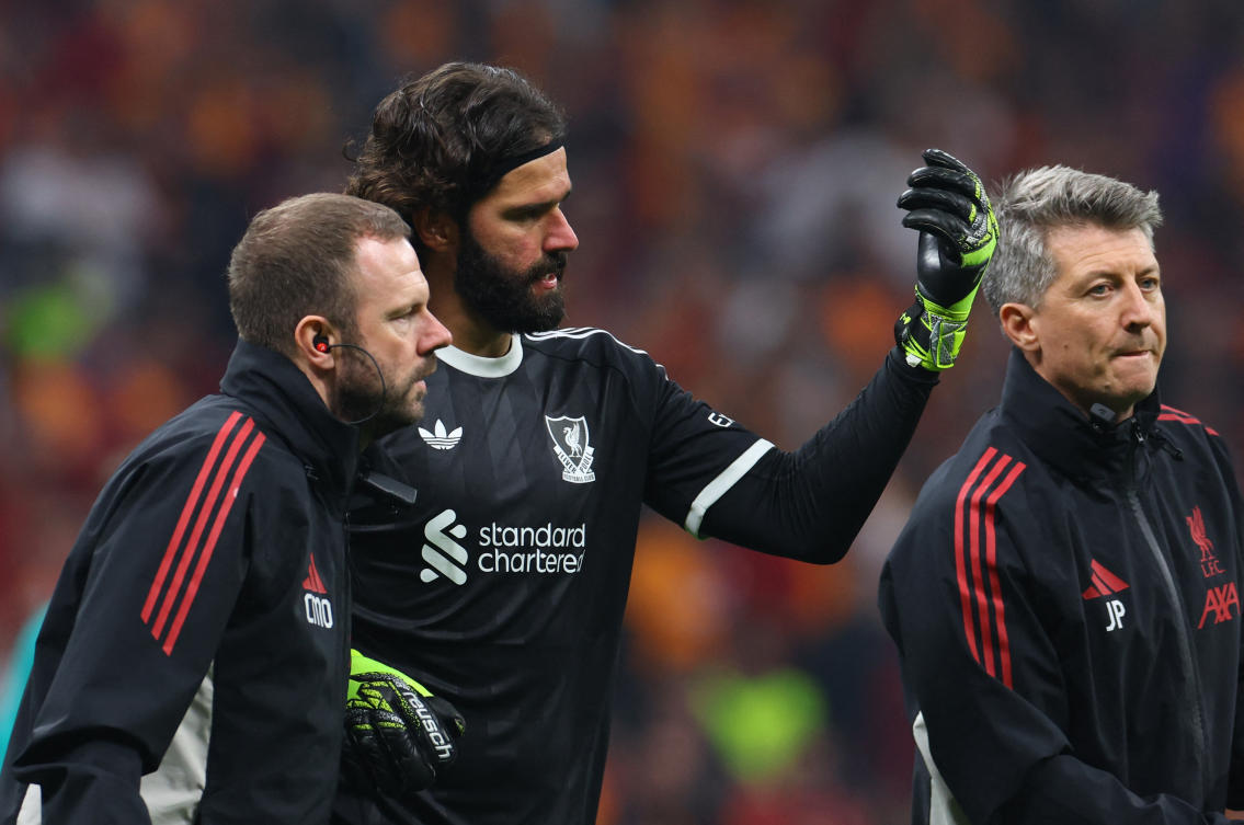 Liverpool goalkeeper Alisson Becker has been ruled out until after this month’s international break after injuring his hamstring in the Champions League defeat at Galatasaray. (REUTERS)