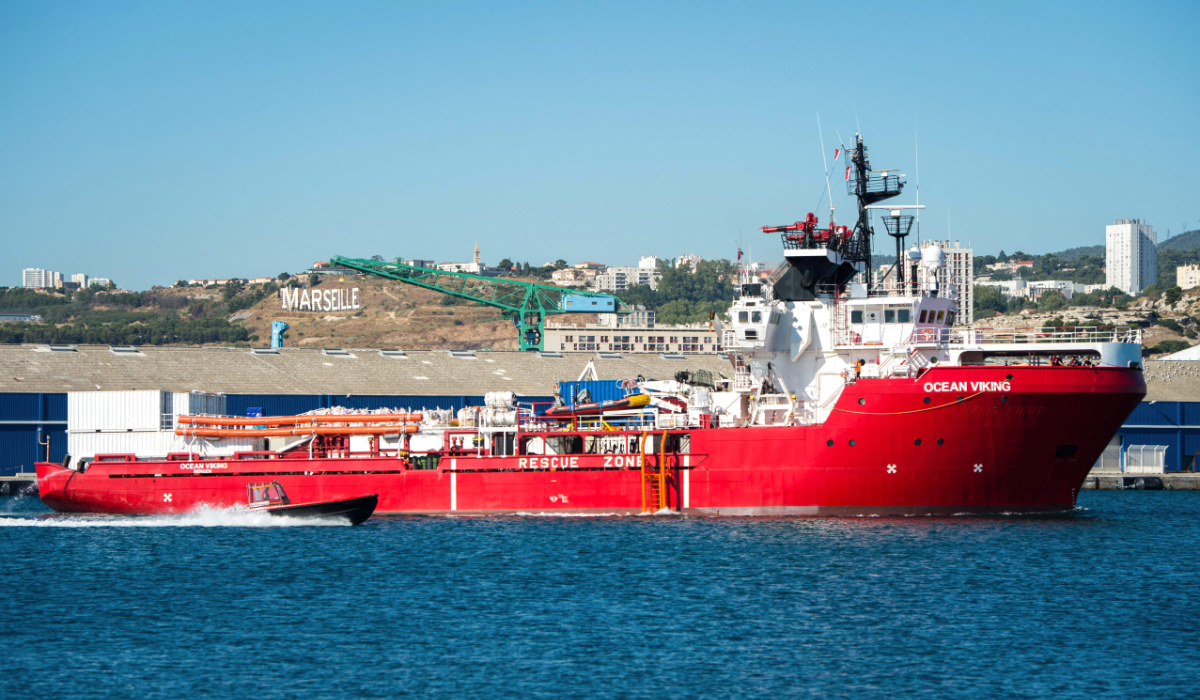 The Ocean Viking vessel which conducts search and rescue activities in the central Mediterranean for French NGO SOS-Mediterranee and Doctors Without Borders (MSF) arrives in Marseille harbour on July 29, 2019. (AFP)