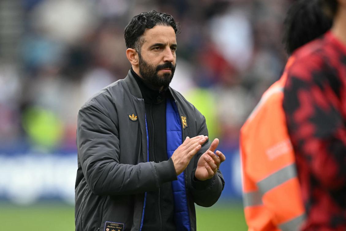 Manchester United's Portuguese head coach Ruben Amorim applauds fans on the pitch after the English Premier League football match between Brentford and Manchester United at the Gtech Community Stadium in London on September 27, 2025. (FILE/AFP)