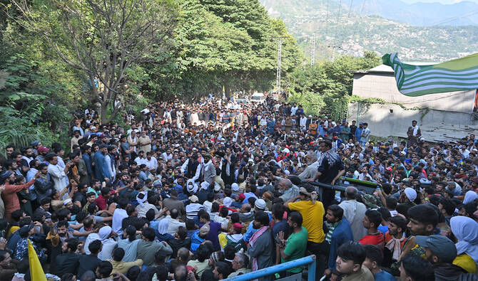 Awami Action Committee (AAC) activists gather during a demonstration in Muzaffarabad, capital of Pakistan-administered Kashmir on October 1, 2025, demanding structural reforms and political and economic rights. (AFP)