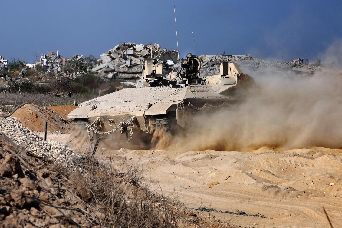 This picture taken during a media tour organized by the Israeli army on October 3, 2025, shows an Israeli army tank maneuvring at a position in the vicinity of the Jordanian Field Hospital in Gaza City. (AFP)