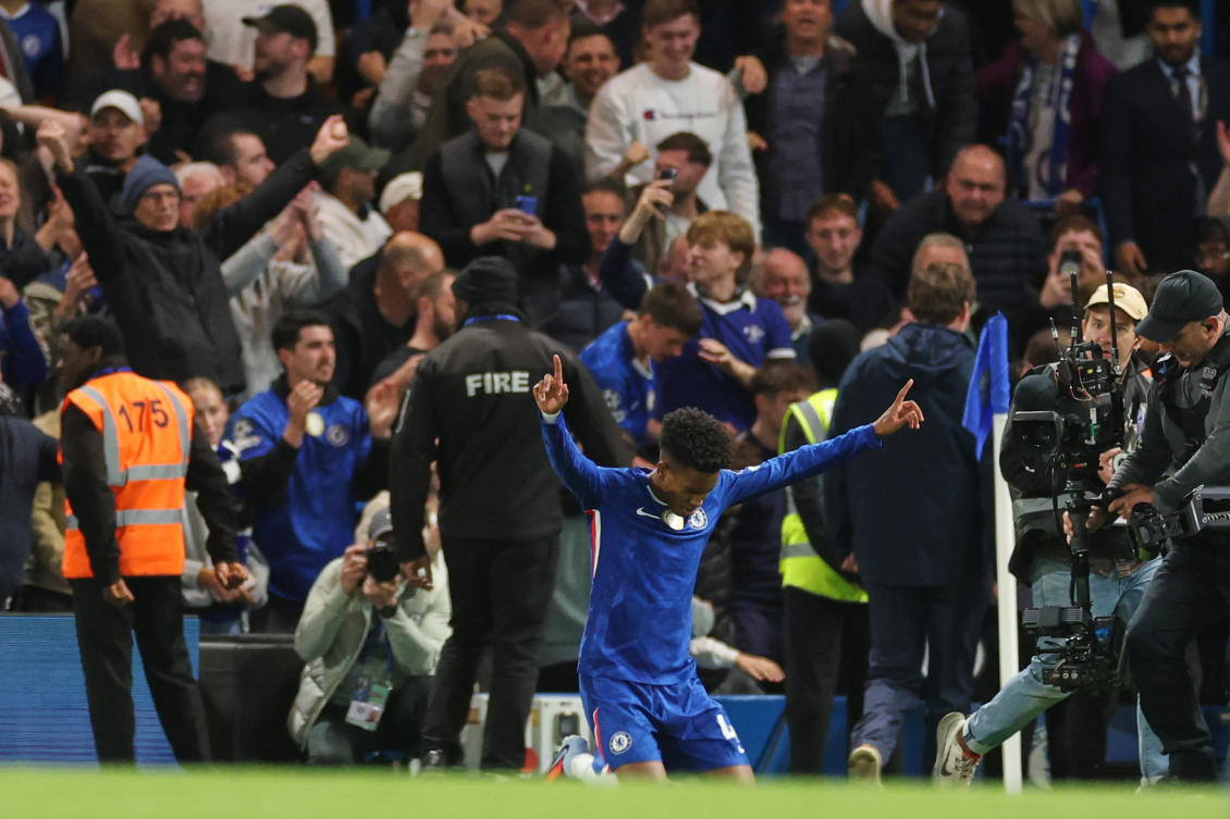 Chelsea’s Estevao celebrates after scoring his side’s second goal during the English Premier League soccer match between Chelsea and Liverpool at Stamford Bridge in London, Saturday, Oct. 4, 2025. (AP)