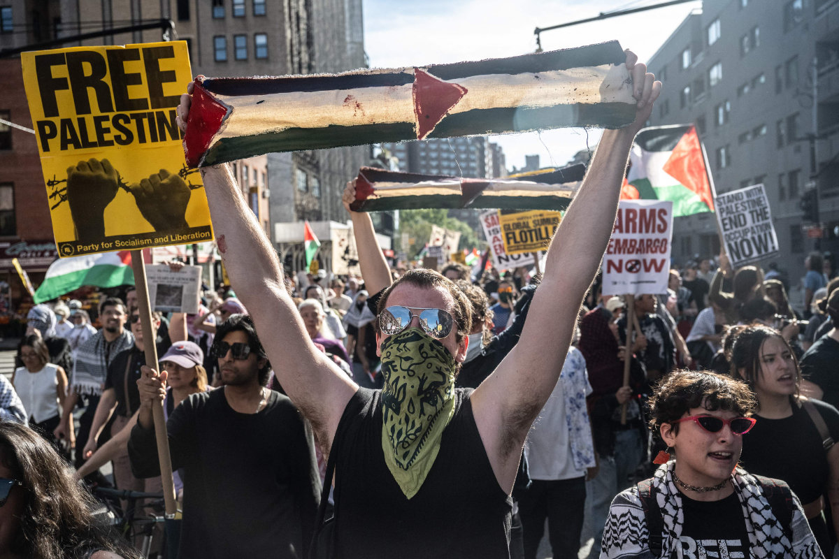 People participate in a pro-Palestinian rally on Oct. 4, 2025, in New York city. (Getty Images via AFP)