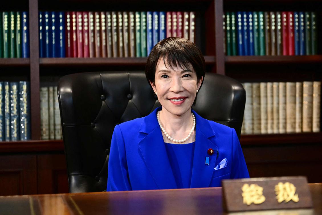 Sanae Takaichi, the newly elected leader of Japan’s ruling party, the Liberal Democratic Party (LDP), poses in the party leader’s office after the LDP leadership election in Tokyo on October 4, 2025. (AFP)
