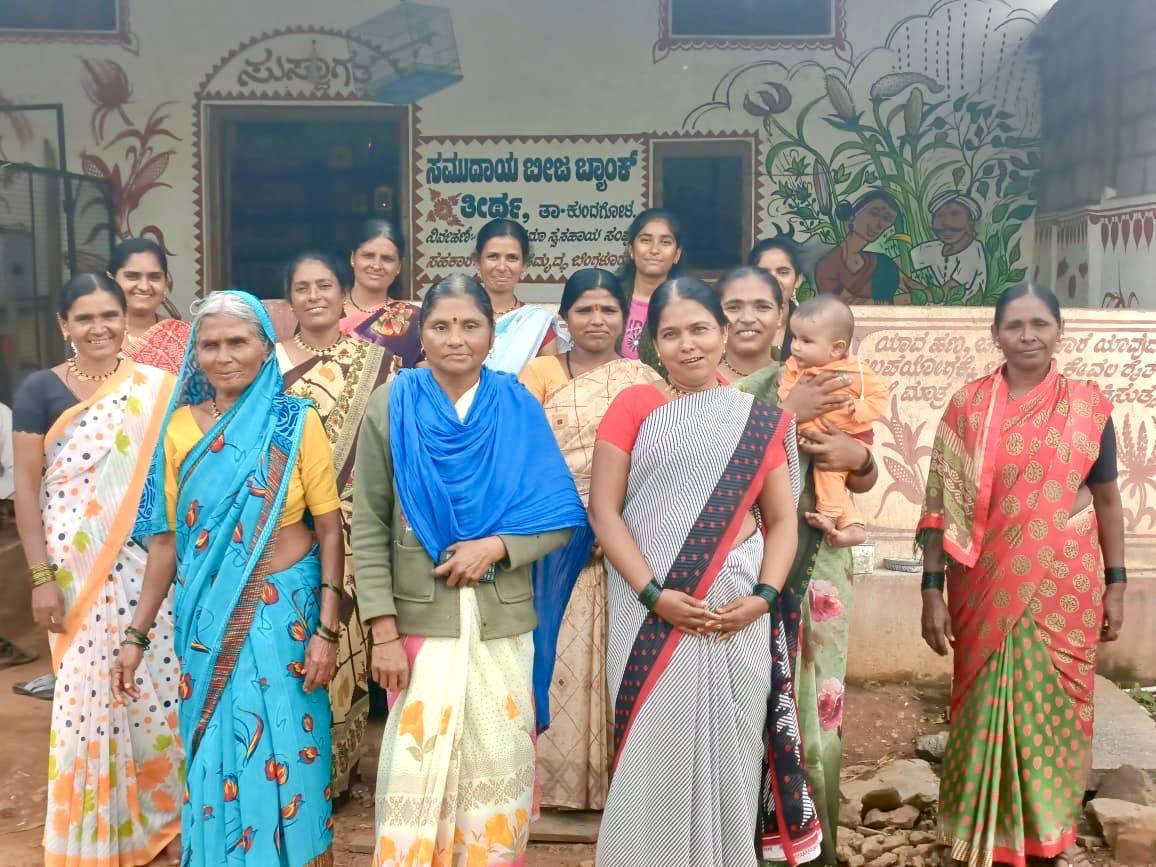 Bibi Jaan, third in the last row, and members of her self-help group pose for a photo in Teertha village, Dharwad, Karnataka, September 2025. (Sahaja Samrudha)
