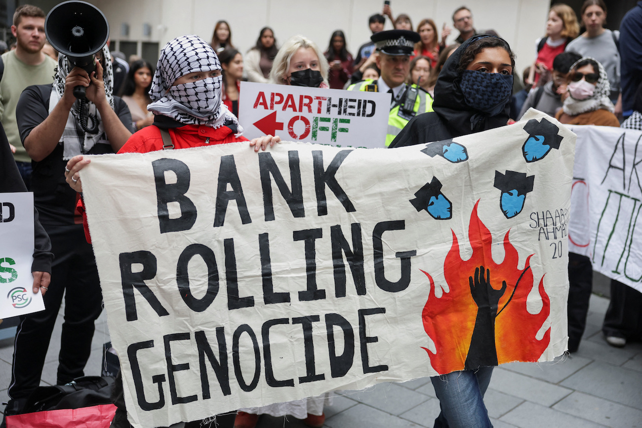 Students hold a banner during an inter-university march in support of Palestinians, on second anniversary of October 7, 2023 attack on Israel by Hamas, in London, Britain, October 7, 2025. (Reuters)