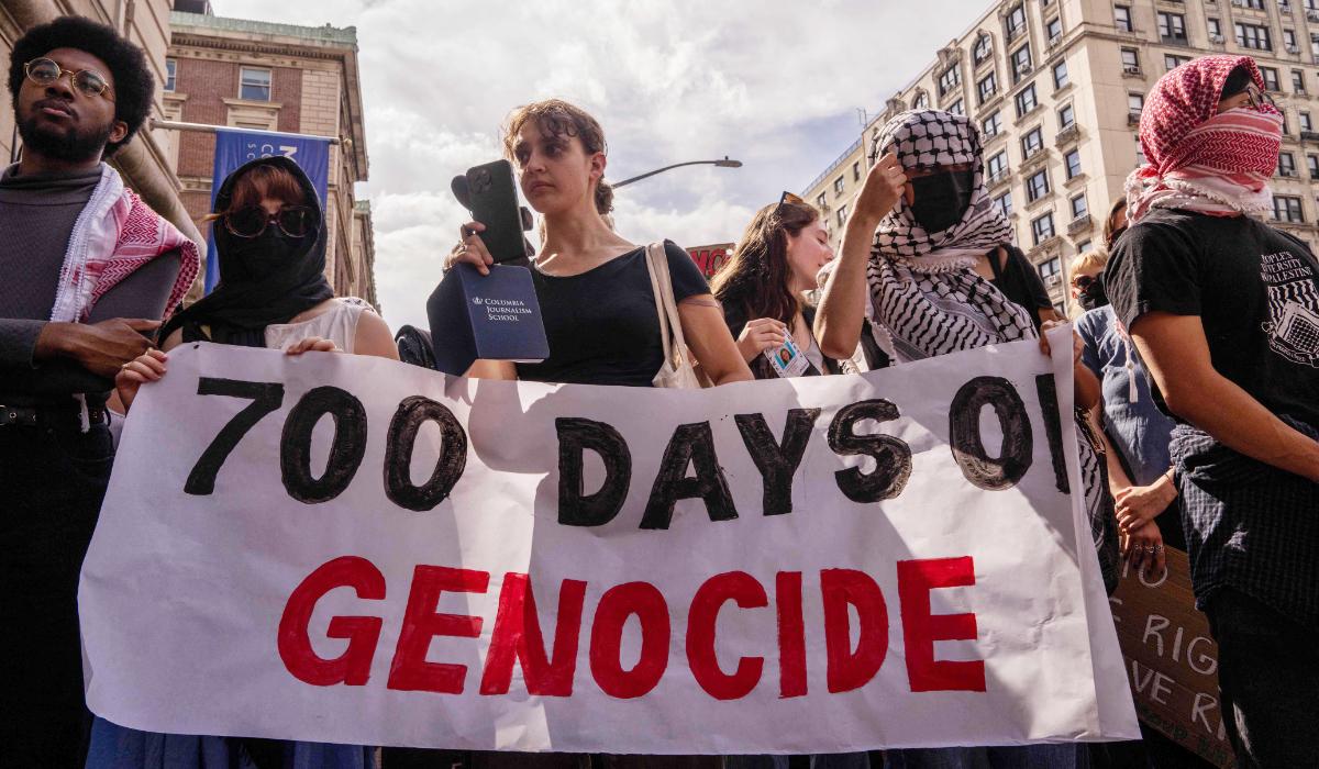 People attend a vigil and protest for Palestine outside of Columbia University on October 7, 2025 in New York City. (AFP)