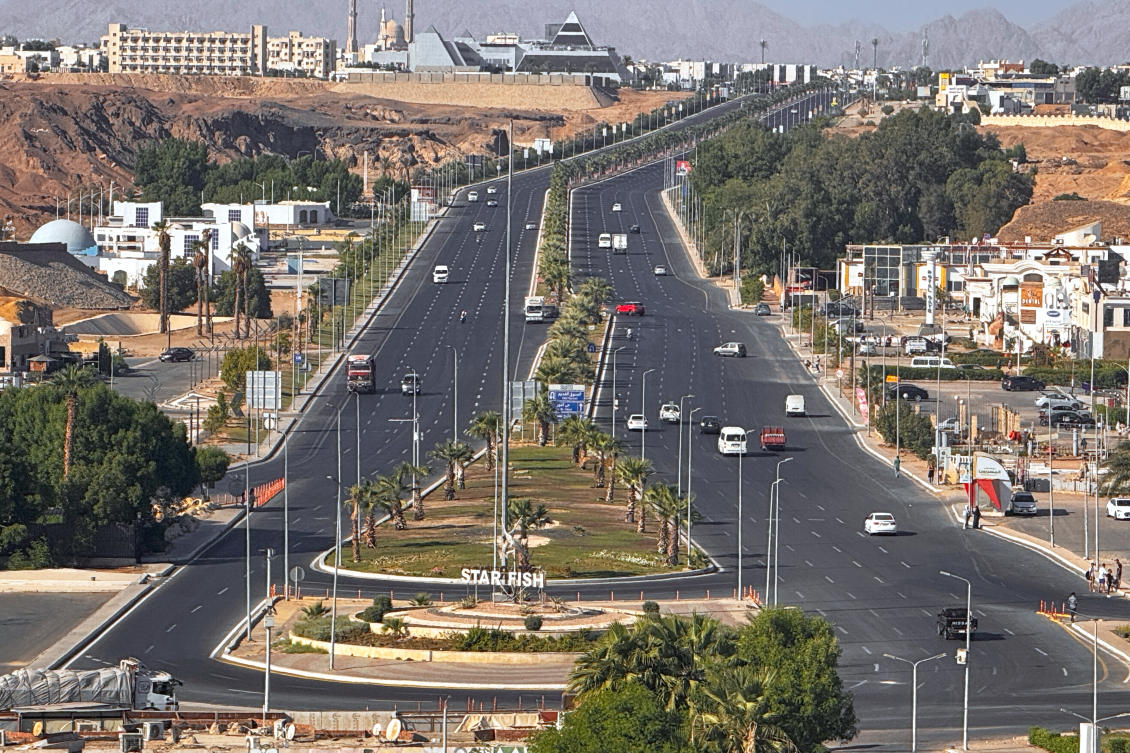Vehicle drive on the main road in Sharm el-Sheikh, Egypt, where Israeli and Hamas officials are set to hold indirect talks, Monday, Oct. 6, 2025. (AP)