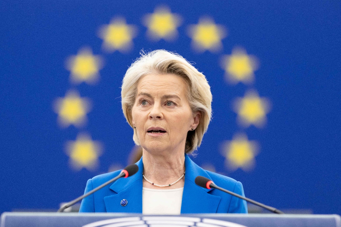 EU Commission President Ursula von der Leyen delivers a speech during a plenary session at the European Parliament, in Strasbourg, eastern France. (AFP)