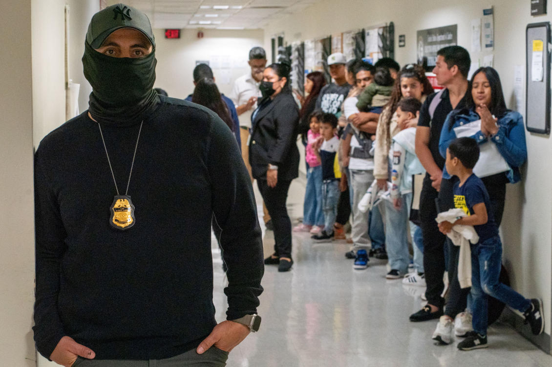 Federal immigration officers wait for respondents to depart from their hearings to conduct targeted detainments at US immigration court in Manhattan, in New York City on Oct. 7, 2025. (Reuters)