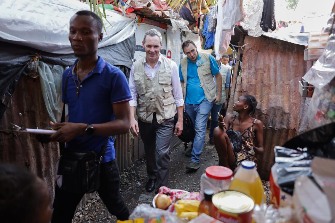UNICEF Regional Director for Latin America and the Caribbean Roberto Benes, center, visits a shelter for families displaced by gang violence in Port-au-Prince, Haiti, Oct. 7, 2025. (AP)