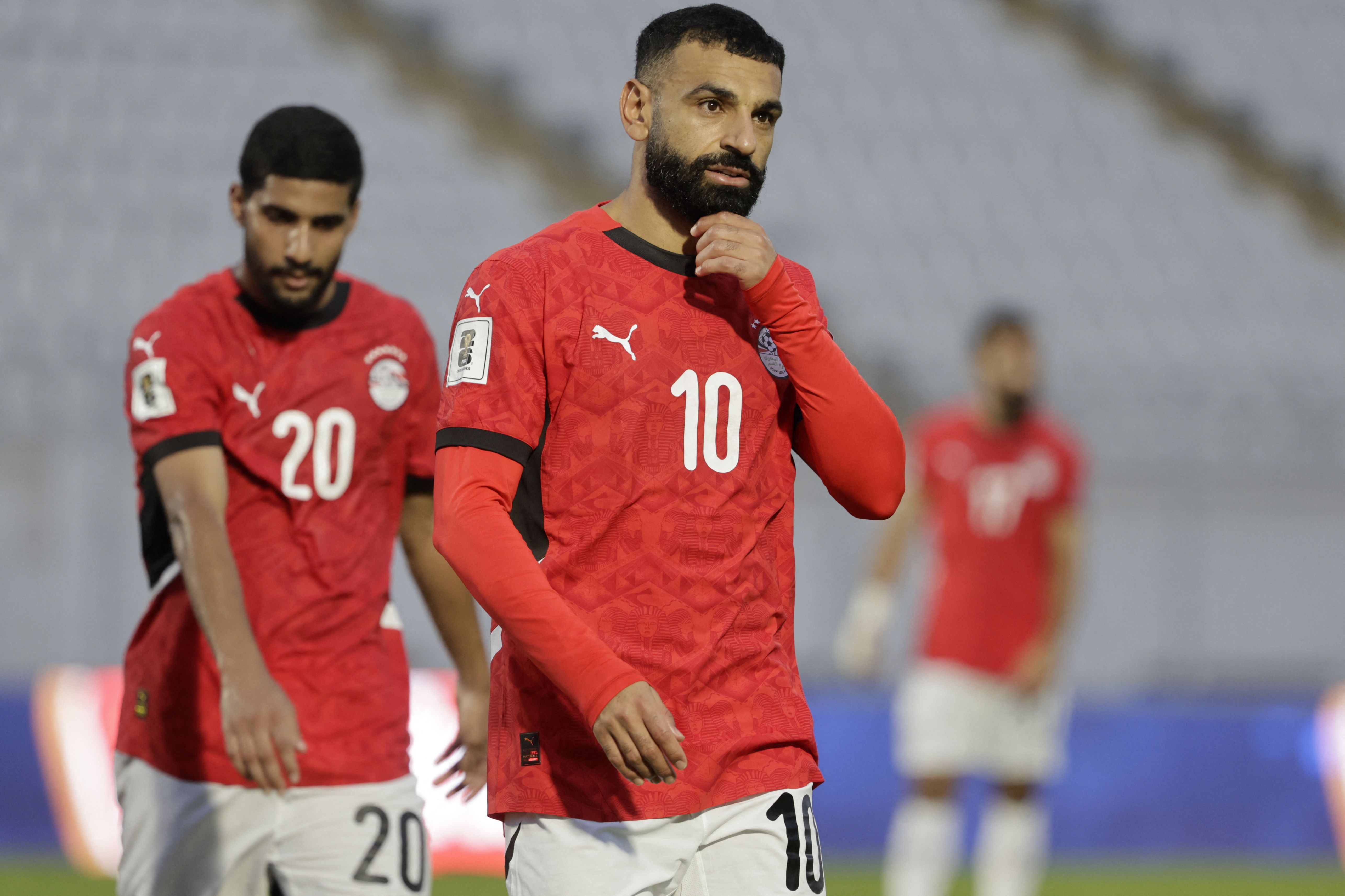 Egypt’s forward Mohamed Salah looks on during the FIFA World Cup 2026 Africa qualifier football match between Djibouti and Egypt at the Larbi Zaouli Stadium in Casablanca on October 8, 2025. (AFP)