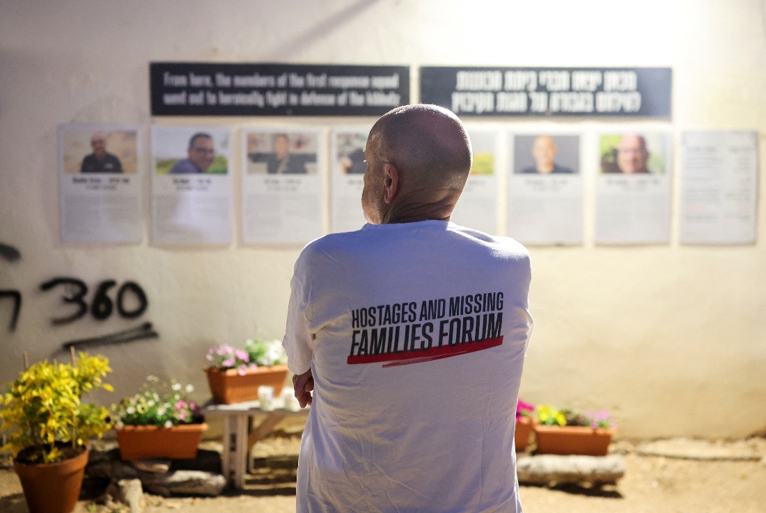 A member of the kibbutz community of Kfar Aza attends a memorial to commemorate the two-year anniversary of the deadly October 7, 2023 attack on Israel, in Kibbutz Kfar Aza, southern Israel. (Reuters)