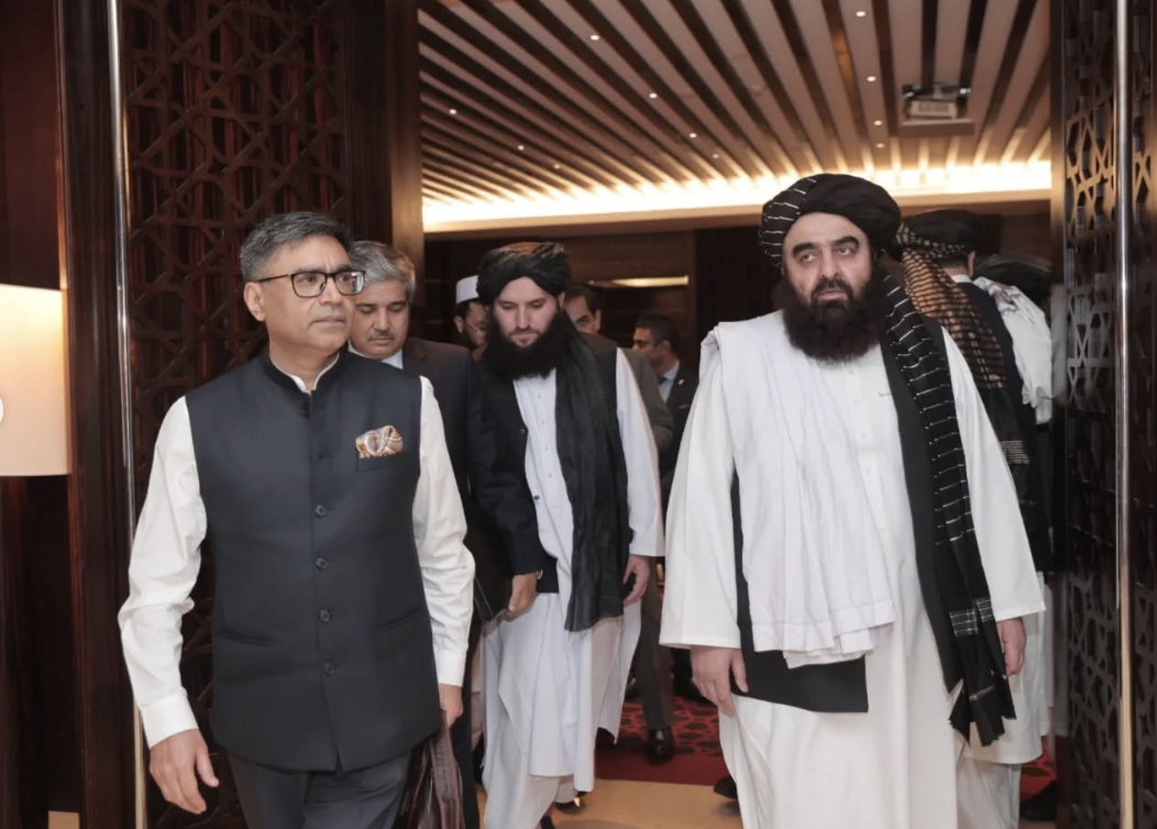 Afghanistan’s Foreign Minister Amir Khan Muttaqi, right, meets India’s foreign secretary, Vikram Misri, left, in Dubai, on Jan. 8, 2025. (Ministry of External Affairs)
