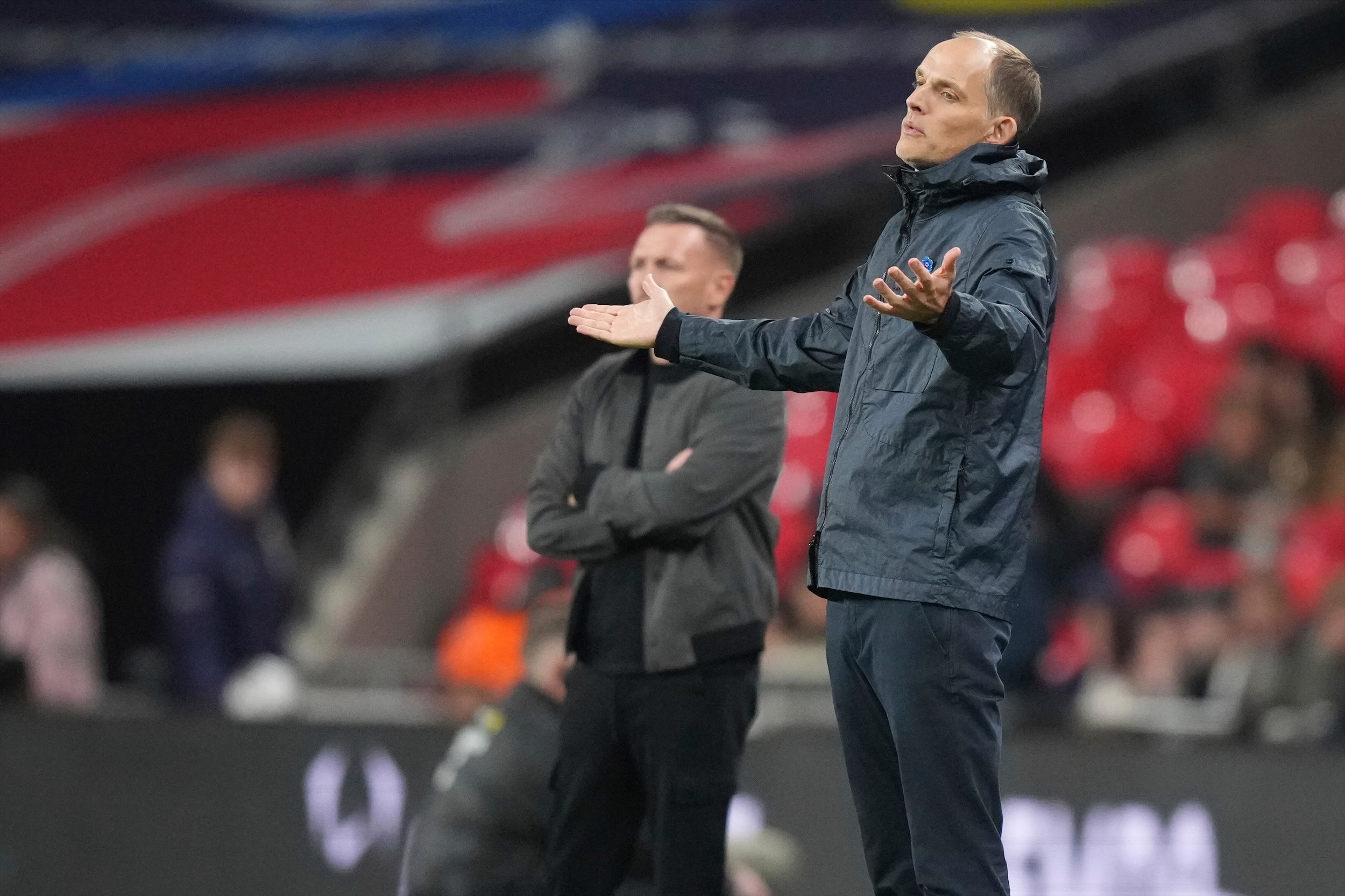 England manager Thomas Tuchel reacts during an international friendly soccer match between England and Wales at Wembley stadium in London, Thursday, Oct. 9, 2025. (AP)