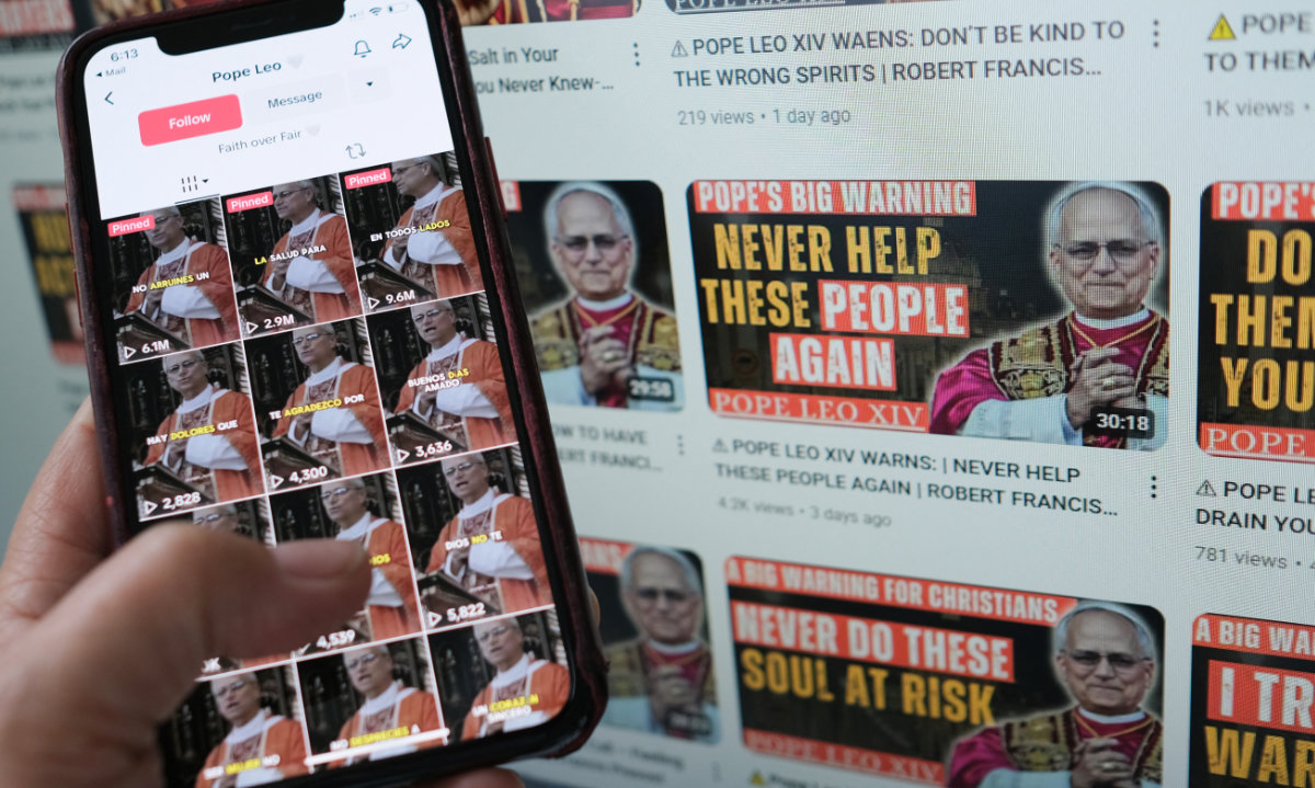 This illustration photo taken in Los Angeles on June 2, 2025, shows a smartphone and computer screen displaying YouTube and TikTok accounts posting AI-generated deepfake audio of Pope Leo XIV. (AFP)
