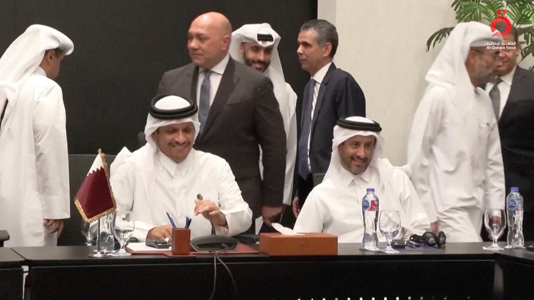 Qatar's Prime Minister and Minister for Foreign Affairs, Sheikh Mohammed bin Abdulrahman bin Jassim al-Thani attends a meeting with Hamas, Egyptian and Turkish delegations ahead of a Gaza ceasefire deal announcement, in Sharm El-Sheikh, Egypt. (Al-Qahera News/Handout via Reuters)