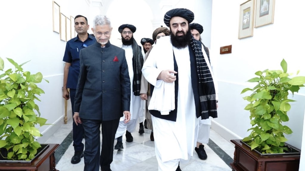 Indian FM S. Jaishankar receives his Afghan counterpart, Amir Khan Muttaqi, in New Delhi on Oct. 10, 2025. (Ministry of External Affairs)
