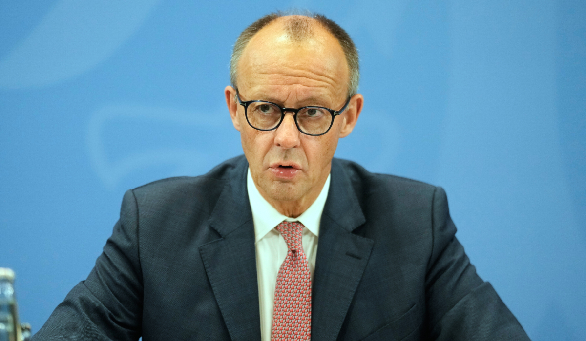 German Chancellor Friedrich Merz briefs the media after a leaders meeting of the government's coalition at the chancellery in Berlin, Germany, Thursday, Oct. 9, 2025. (AP)