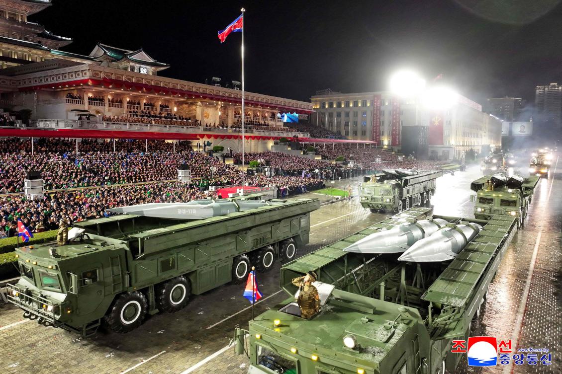 Above, the military parade to celebrate the 80th founding anniversary of the Workers’ Party of Korea at Kim Il Sung Square in Pyongyang on Oct. 10, 2025. (KCNA via KNS/AFP)
