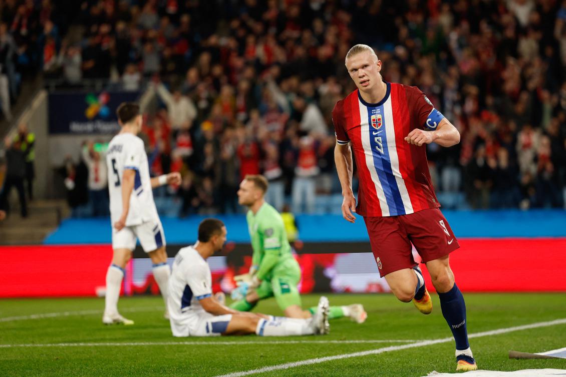 Norway’s forward Erling Braut Haaland celebrates scoring the 2-0 goal during the 2026 World Cup qualifiers Europe zone group I match against Israel on Oct. 11, 2025 in Oslo. (AFP)