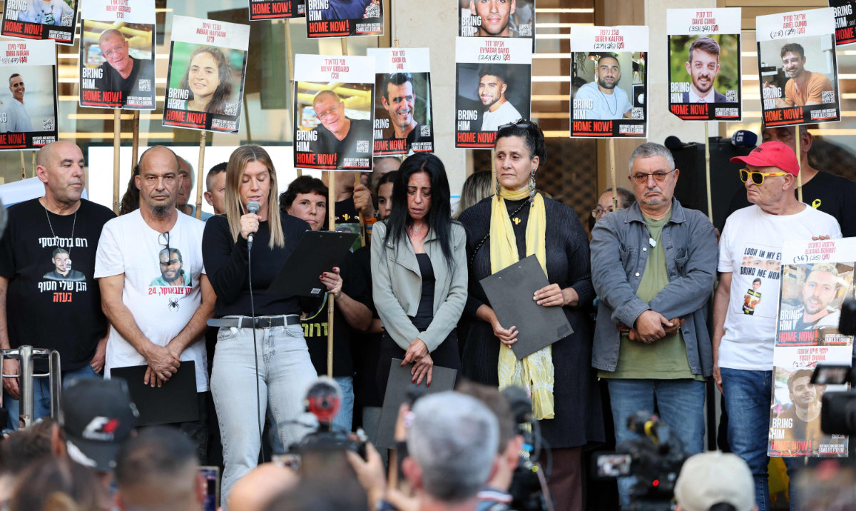 Relatives of Israeli hostages held in the Gaza Strip take part in a gathering in front of the Tel Aviv Museum of Art, known as the "Hostages' Square" in Tel Aviv, on October 11, 2025. (AFP)
