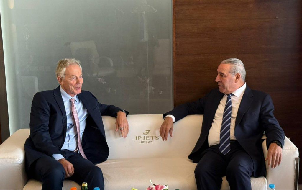 Former British prime minister Tony Blair held a meeting in Ramallah with the vice president of the Palestinian Authority, Hussein al-Sheikh, on Sunday. (Wafa)