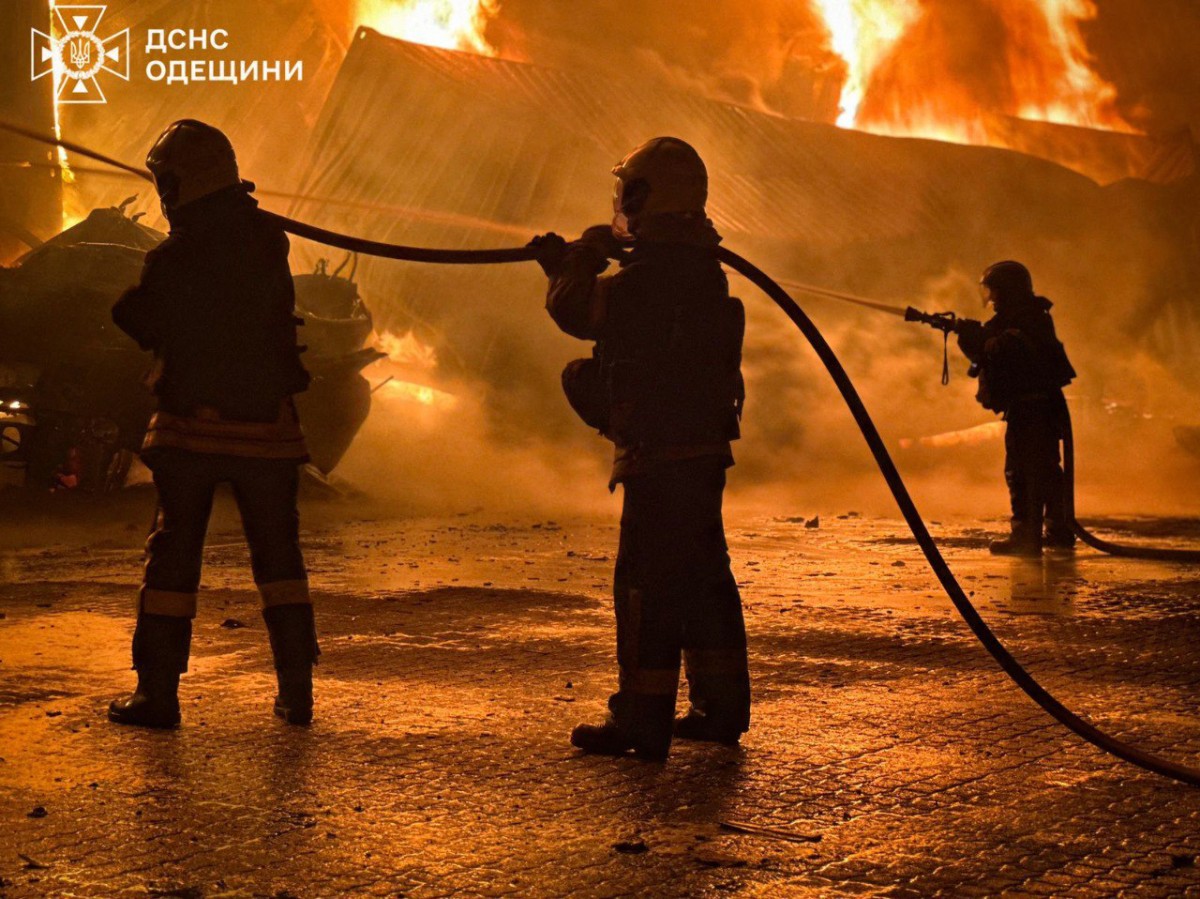 Ukrainian firefighters are working to extinguish a fire at the site of a drone attack in the Odesa region, amid the Russian invasion of Ukraine, Oct. 9, 2025. (AFP)