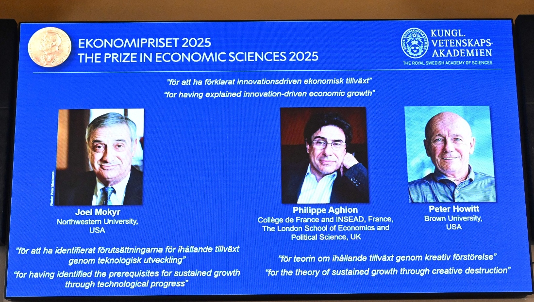 American-Israeli Joel Mokyr, France's Philippe Aghion and Canada's Peter Howitt during the announcement of the winner of the 2025 Nobel Prize in Economics, the Sveriges Riksbank Prize in Economic Sciences in Memory of Alfred Nobel, at the Royal Swedish Academy of Sciences in Stockholm, Sweden. (AFP)